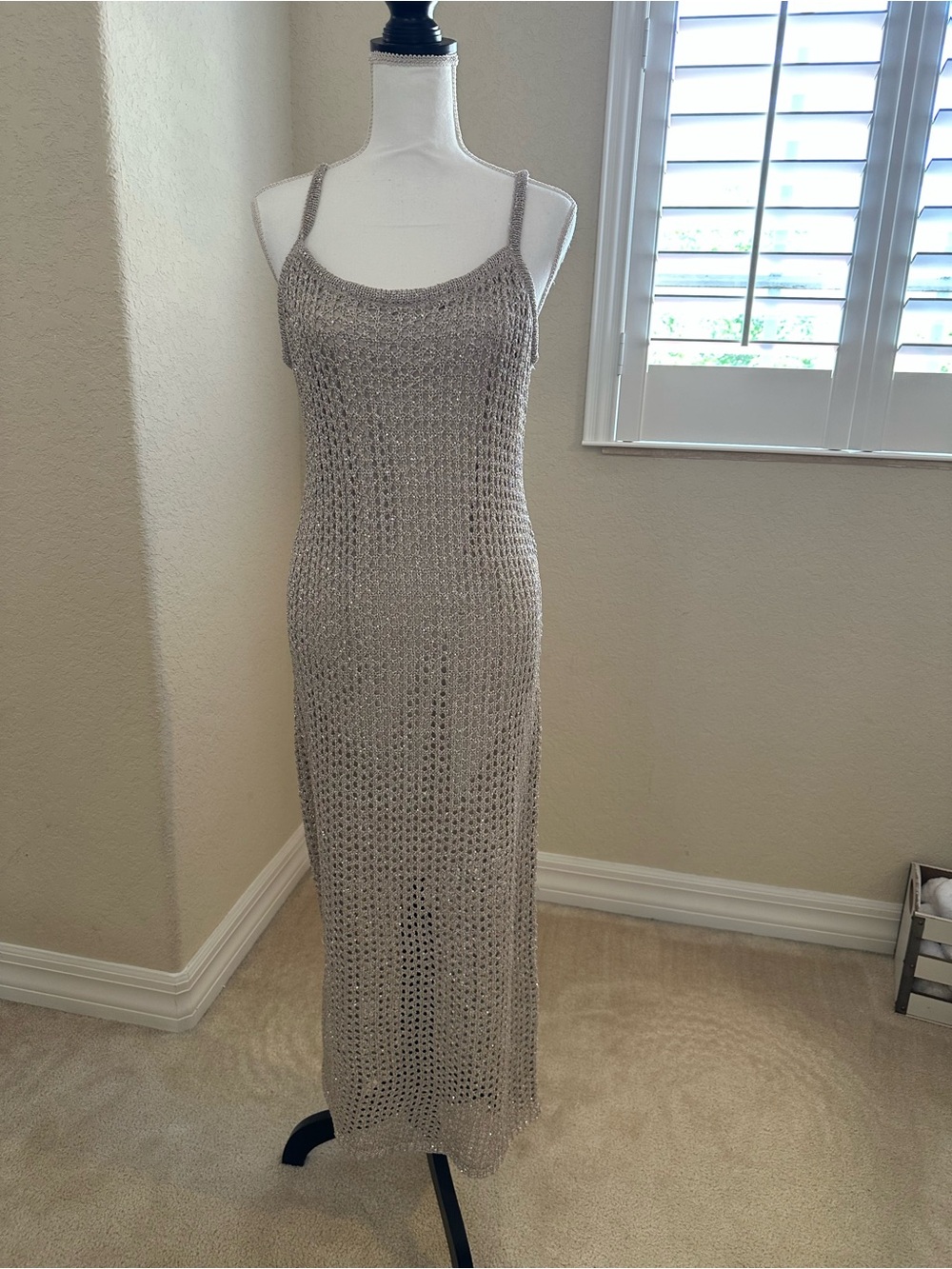 Bar III Taupe Crochet Maxi Dress
